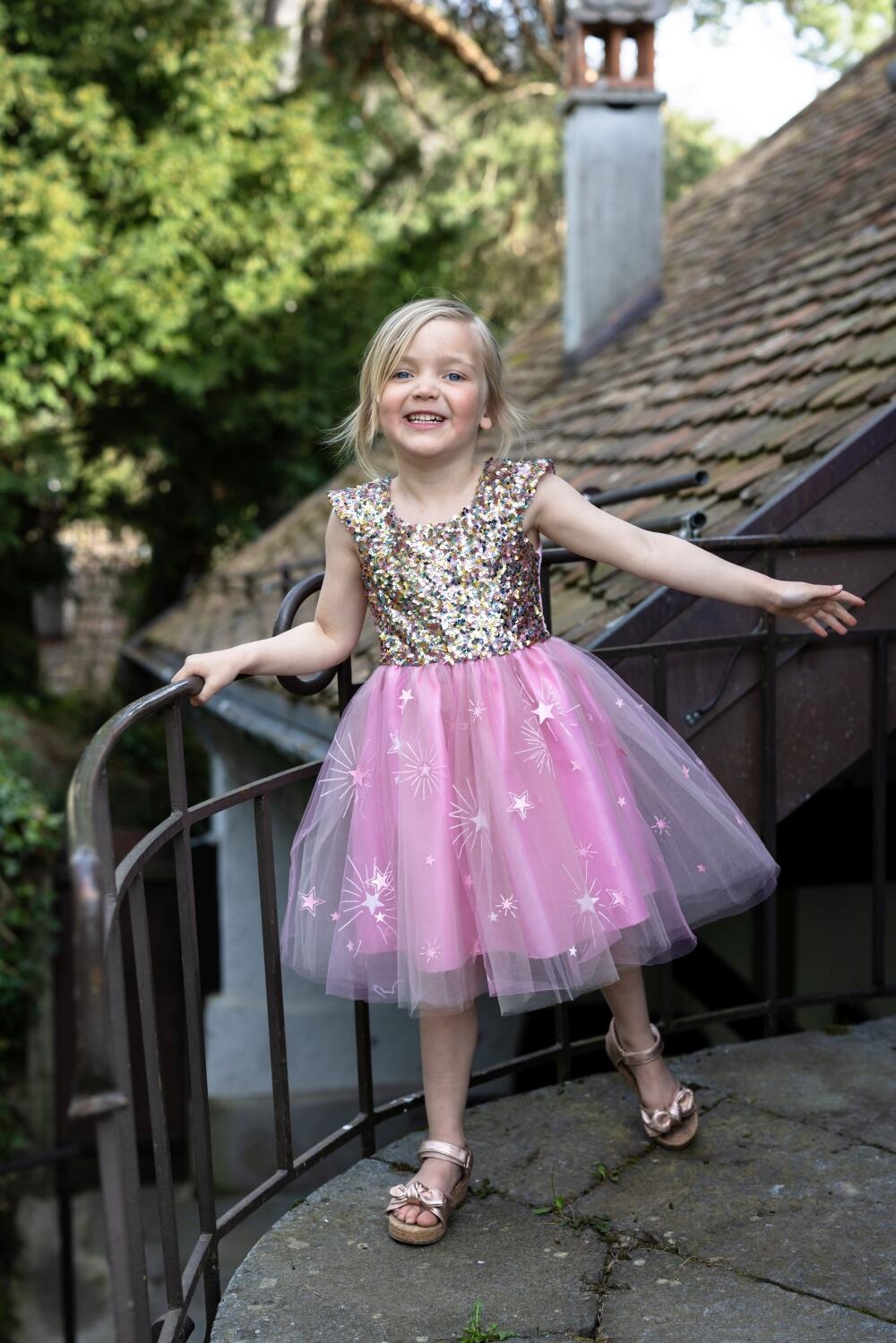 Karneval Mädchen Kostüm Partykleid Pailletten Star rosa