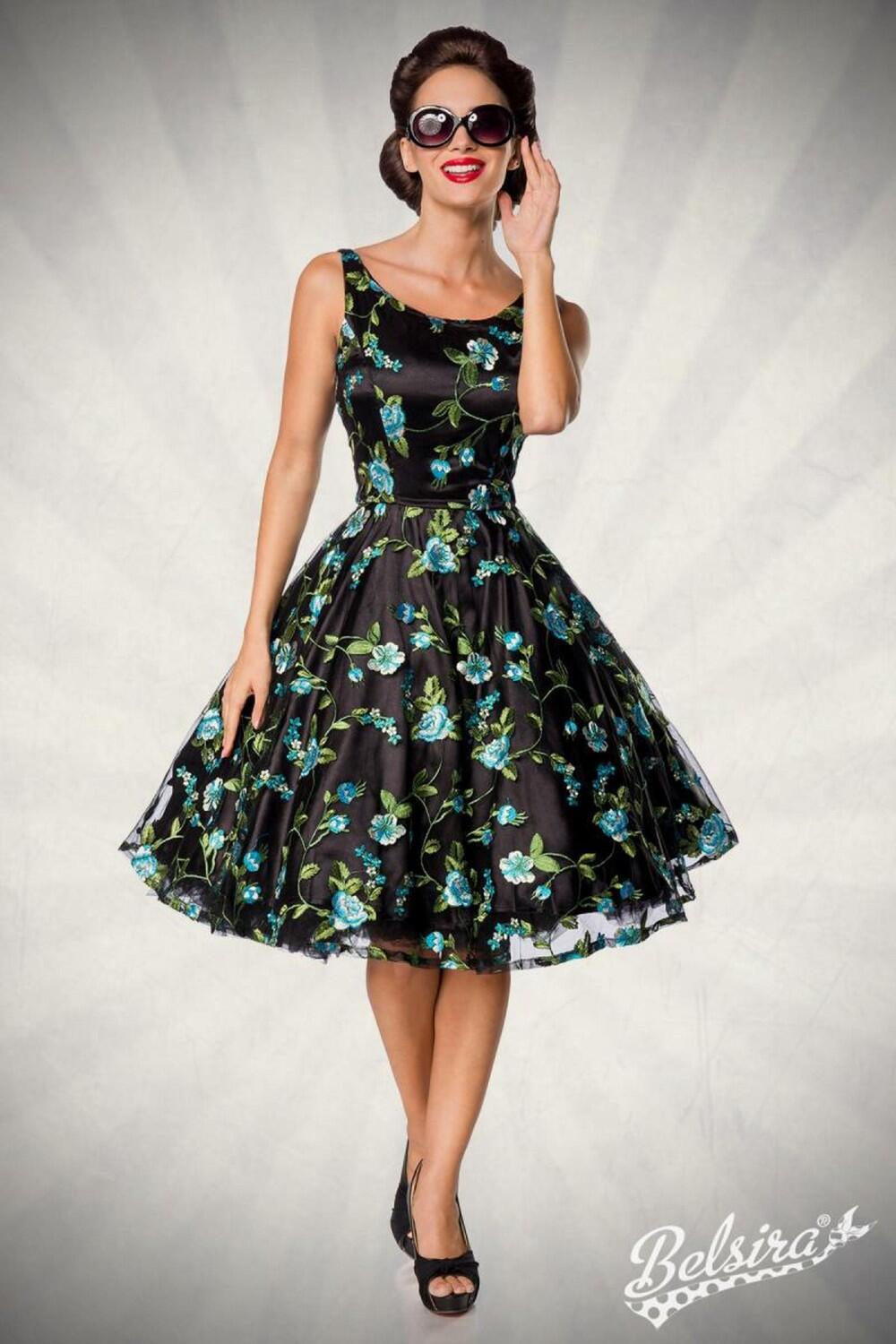 Damen Vintage Kleid Blumenkleid schwarz-blau