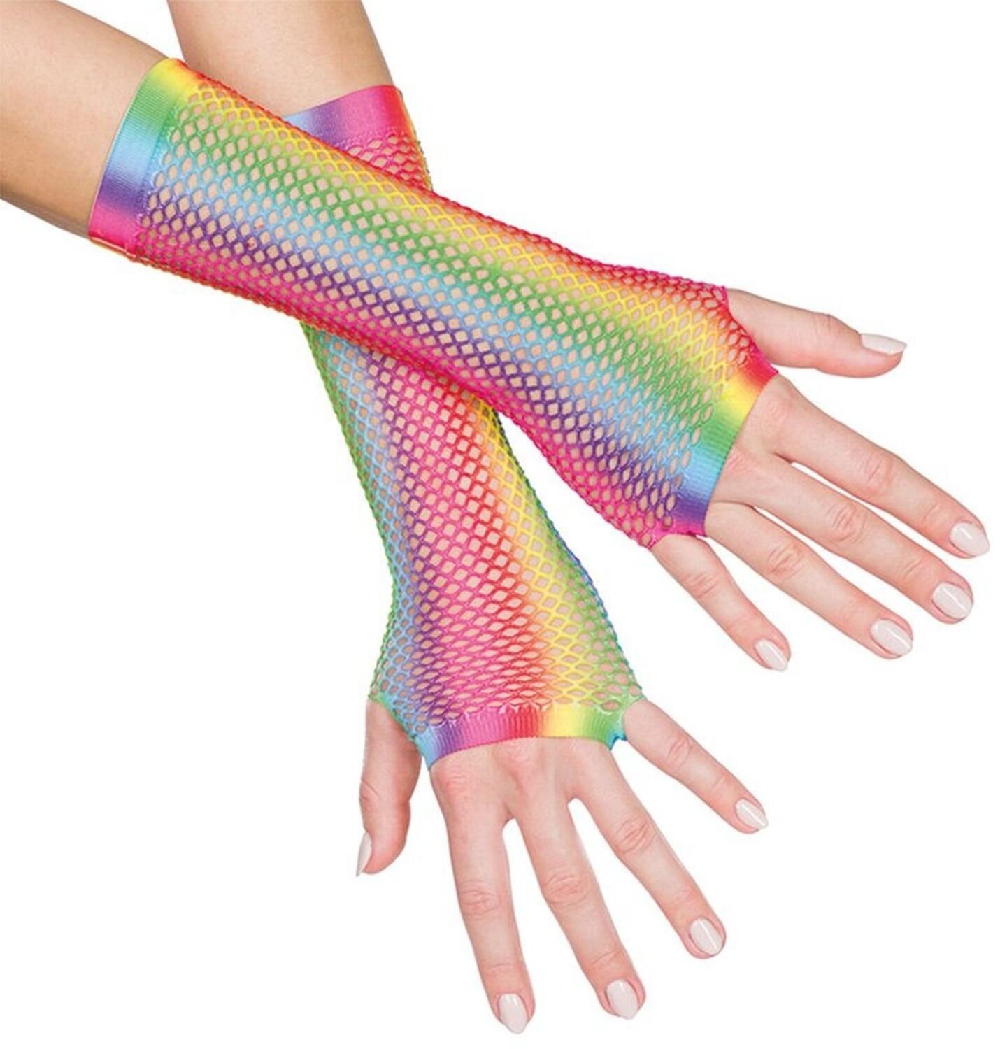 Karneval Damen Netz-Handschuhe Regenbogen