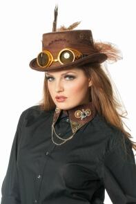 Karneval Damen Hut Steampunk Zylinder mit Brille braun