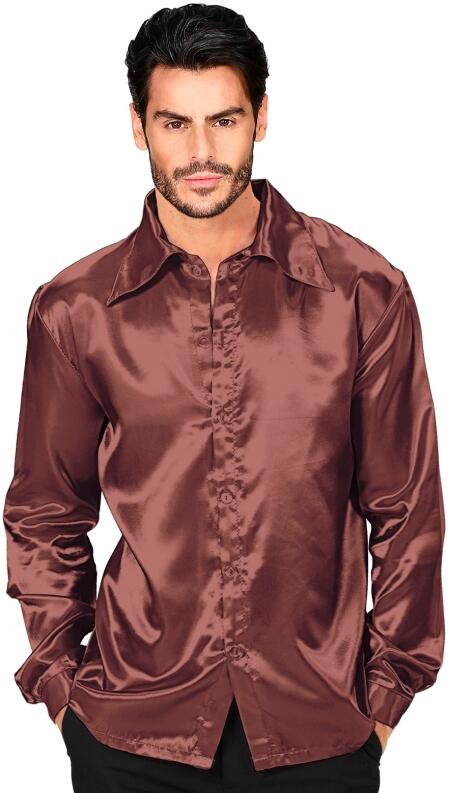 Karneval Fasching Herren Satin Hemd 70er Disco braun