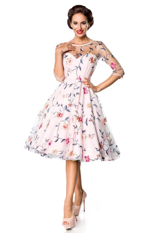 Damen Vintage Kleid mit gestickten Blumen rosa