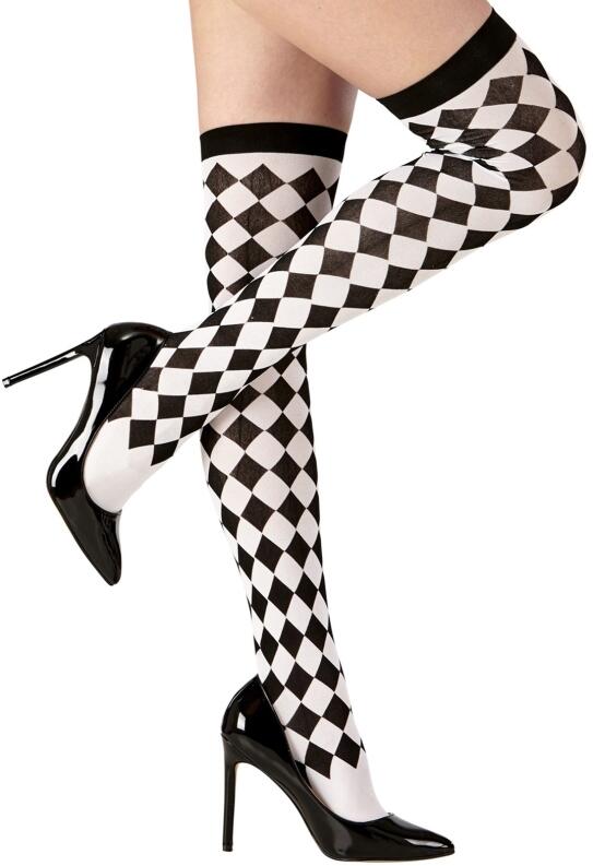 Karneval Damen Strümpfe Overknee Harlekin schwarz weiß