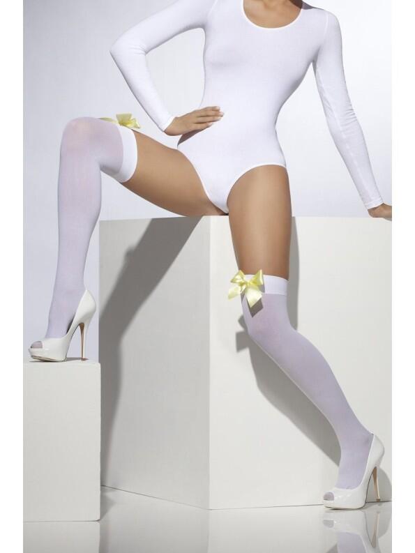 Karneval Damen Strümpfe weiß mit gelber Schleife