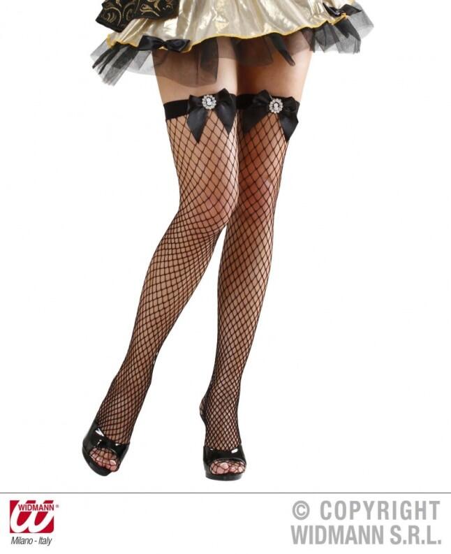 Karneval Damen Strümpfe Overknee NETZ mit Schleife und Brosche