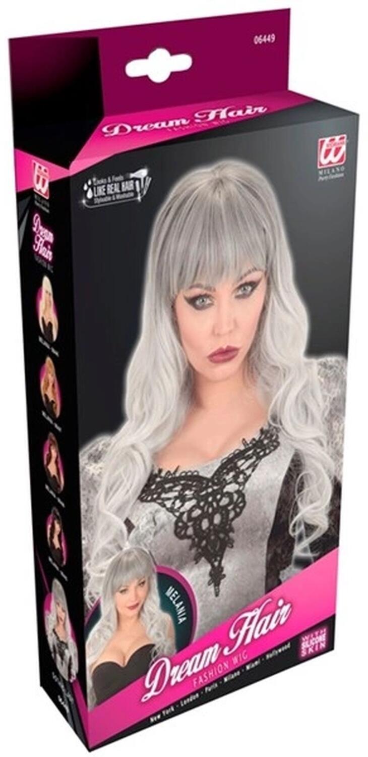 Karneval Halloween Damen Per&uuml;cke Langhaar Melania grau